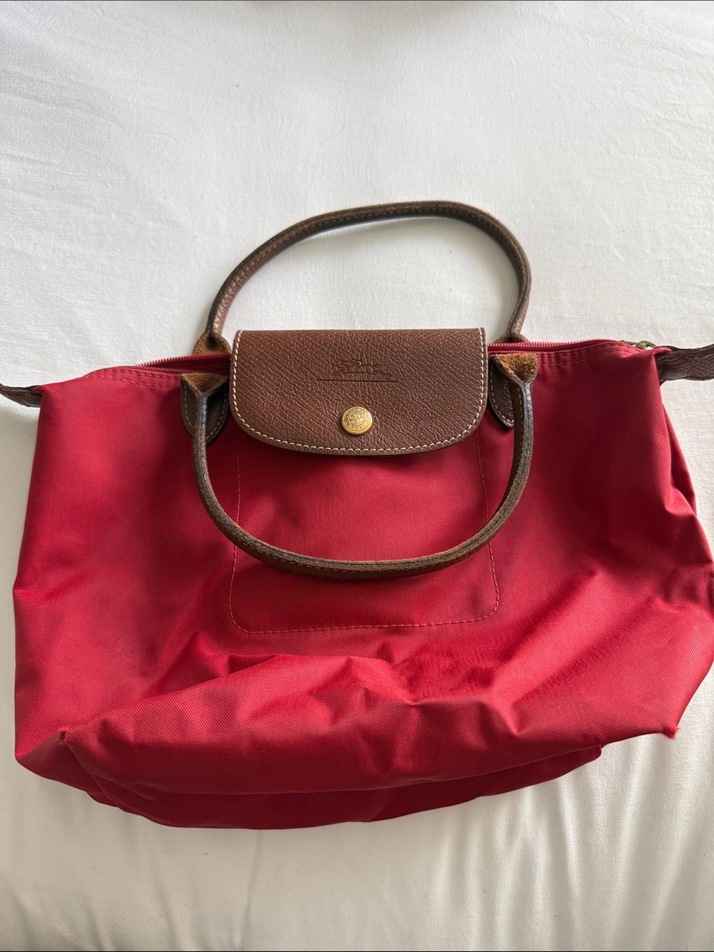 Longchamp Red Tote with Brown Leather Trim